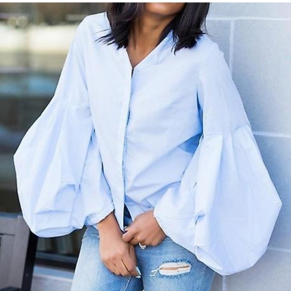 NEW YORK & COMPANY V NECK BALLOON SLEEVES BUTTON UP BLOUSE NWT SZ XSMALL